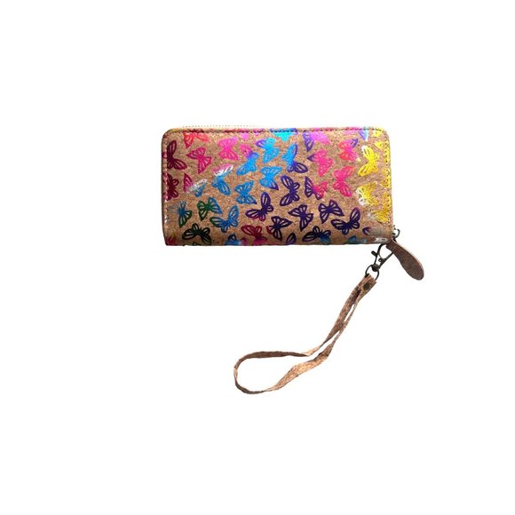 None Handbags - Tan & Multicolored Butterfly Print Cork Zip Around Wallet/ Wristlet